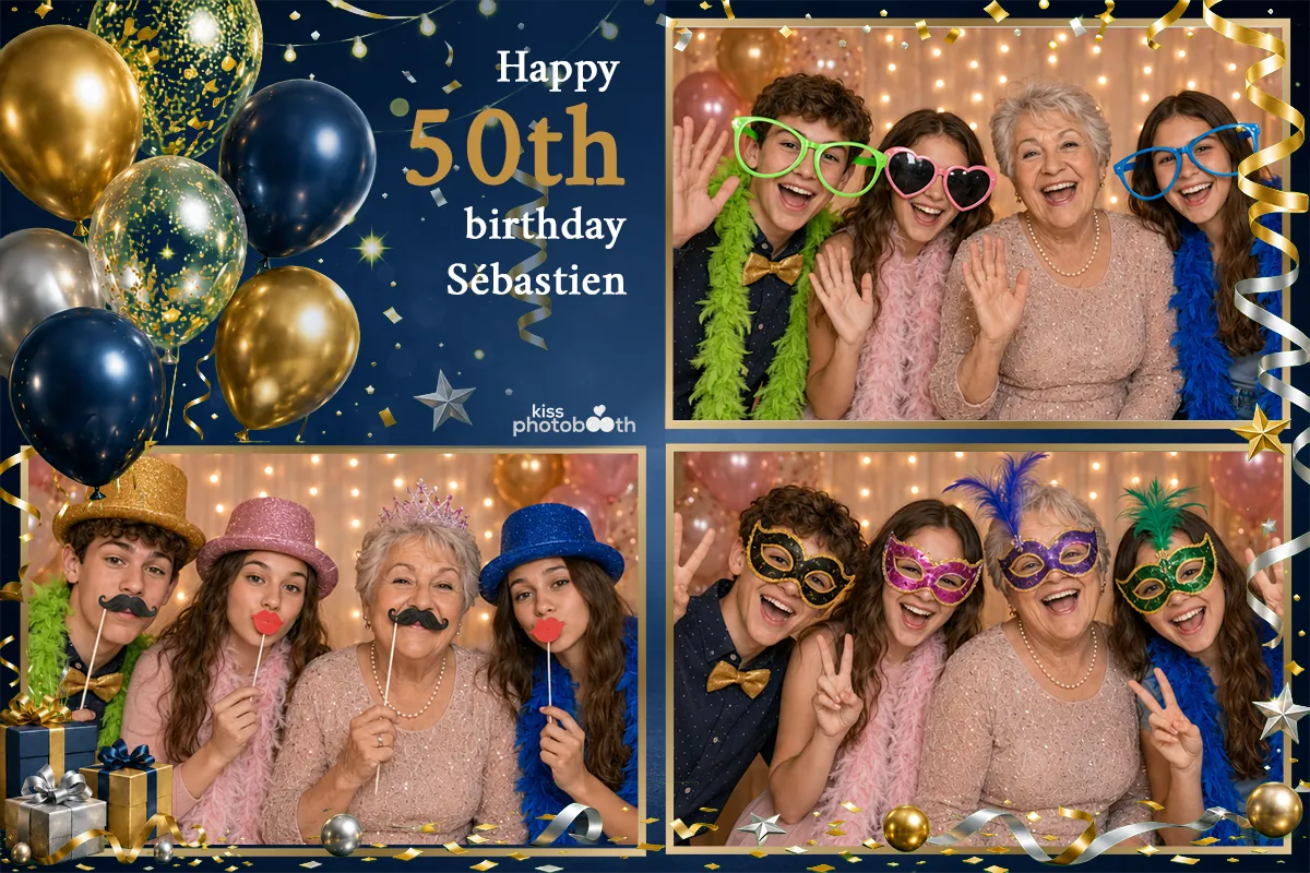 Birthday photo booth print layout with navy and gold balloons