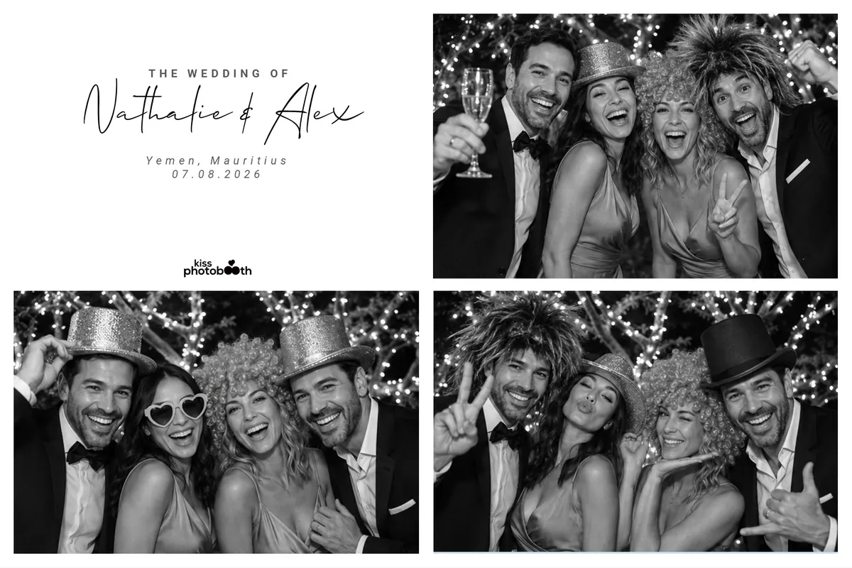 Wedding photo booth print layout in black and white with couple names and date