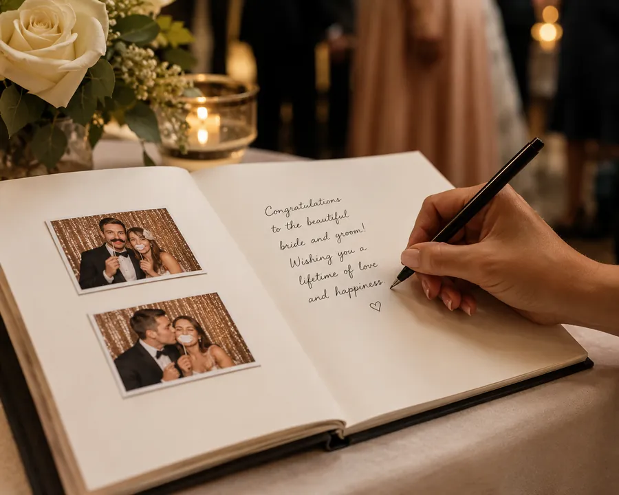 Wedding guest placing a photo booth print in a guest book and writing a message for the bride and groom
