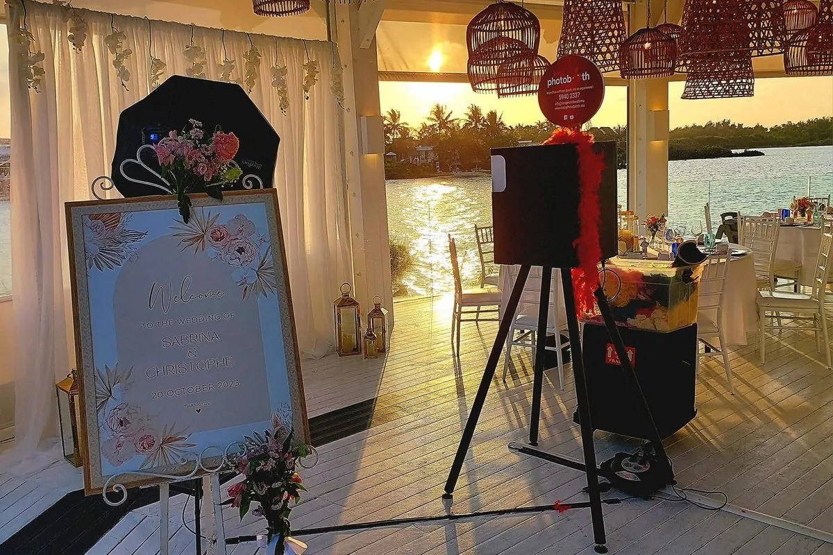 Photobooth setup for a wedding reception near the sea at an hotel in Mauritius